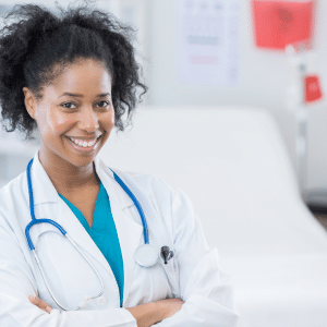 women physician wearing stethoscope