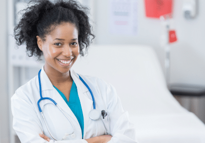 women physician wearing stethoscope